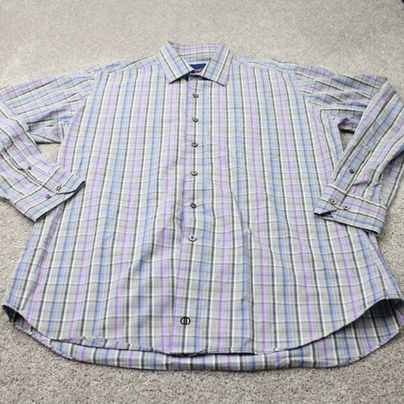 David Donahue Shirt Mens XL Gray/Blue/Purple 100% Cotton Long Sleeve Button Up - Picture 3 of 12